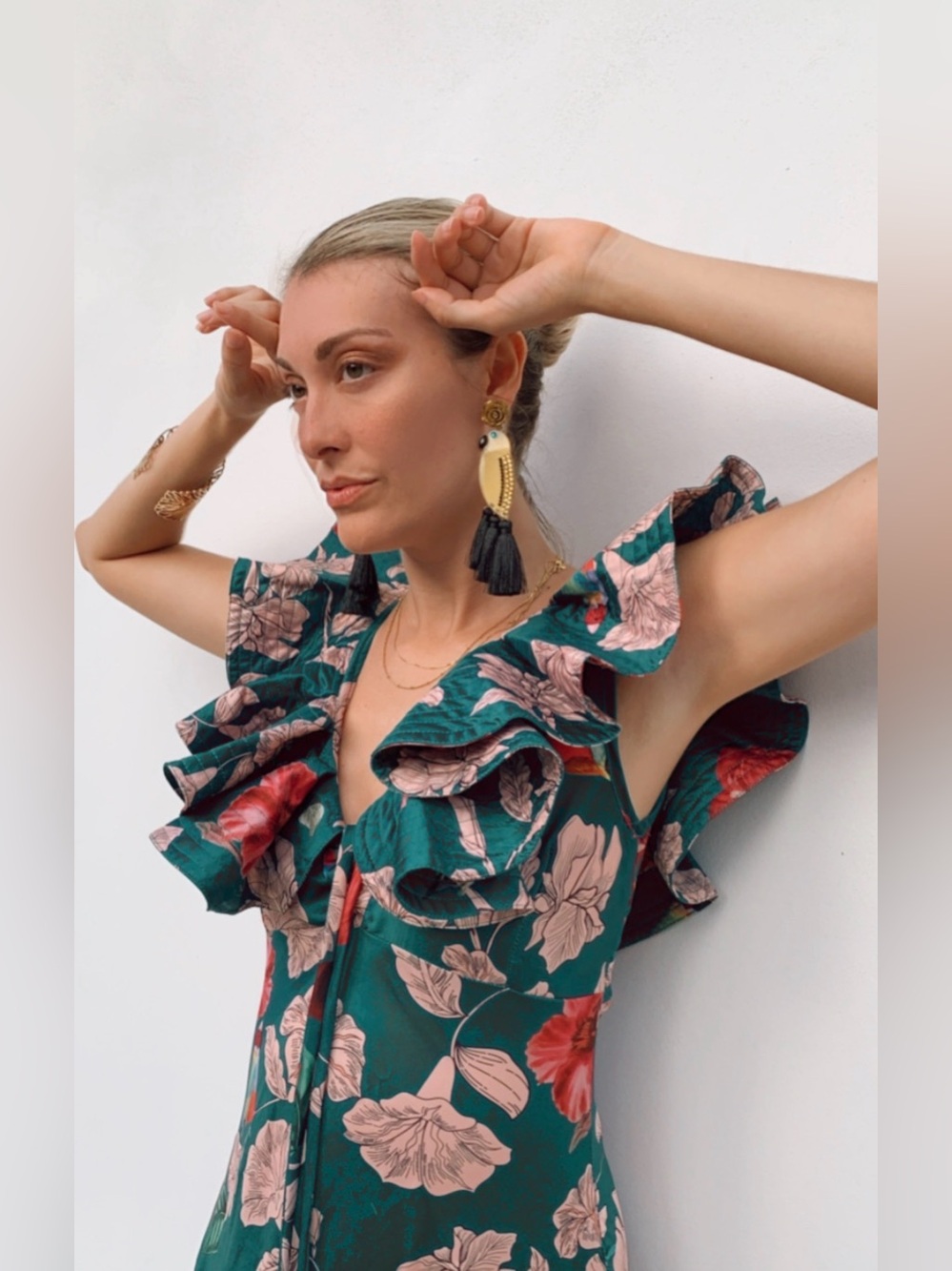 Elegant Floral Midi Dress in Teal and Pink